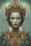 Placeholder: upper bust portrait, the queen of butterflies, coloured paint like butterfly wings on face in symmetrical pattern, intricate metal work crown, extremely detailed clothing, in a field of roses, 8k resolution concept art, dynamic lighting, intricately detailed, hyperdetailed, beautiful, ethereal, elegant, golden hour, (butterfly), gothic