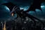 Placeholder: black dragon flying across the city at night dark fantasy lightening legs outstretched