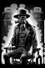 Placeholder: man with hat (wide and flat brim and a flat top) shading face, wearing a gas-mask standing beside an electric-chair, vignette, black and white graphic novel style with a red outline on black background, gothic horror