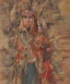 Placeholder: Guaicaipuro, native american god, tall and muscular warrior, red feathers headdress, shirtless, holding a stone tip spear