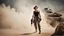 Placeholder: beautiful slender caucasian female technician, black tank top, knife-fighting a giant soldier, well toned muscles, weathered face, scratched sand camo metal details, short brunette wavy bob haircut, dystopian, desert scene with smoke and explosions, particles flying