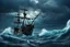 Placeholder: wide shot of a pirate ship in the middle of the sea, storm, ocean storm, high waves, angry sea waves, cloudy sky, deep ocean waves, fantasy style, dynamic, movement, high quality, 8k, cinematic lighting, windy ocean