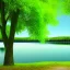 Placeholder: beautiful green Tree, in front of a lake, photorealistic