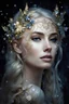 Placeholder: Elven princess,elven crown,rapunzel hair,very long blonde gold hair,elven ears,ice crystals,snow,golden armor,dark blue,sparkles,glitter,ice flowers,frozen flowers,beautiful