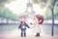 Placeholder: cute chibi mahogany haired girl with a short, silver haired boy, Eiffel tower, heart and love, flowers in Paris, ethereal, cinematic postprocessing, bokeh, dof