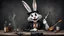 Placeholder: photorealistic deppressed dark melancholic Bugs bunny deppressed doing music rock and roll dark heavy metal on a scene alcoholic, ciggaretes ciggaretes ciggaretes