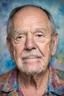 Placeholder: facial portrait, 78-years-old, overweight, wide set blue eyes, large, curved down nose, big lips, square jawline, bushy eyebrows, shoulder length, dark brown hair, gray sideburns, goatee, a bright, extremely colorfull professiona quality digital photograph, multicolored watercolor stained wall in the background