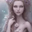 Placeholder: fairy style, head, women, portrai,long hair beautiful one nude body of a make up smiling woman blond long hair, alone, high key lighting, volumetric light high details with white stripes and blue eye, smiling with plump pink lips+++, flowers around, unreal engine petit prince belle fine, profil de trois quart, grand front cosmique, peau bleu cristalline, yeux bleu, perle sur le front long cheveux blond et rose etoilé, cristaux sur le corps, collier de grande princes