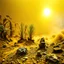 Placeholder: A striking quality Kodak photograph captures a wasteland with liquid and group of monstrous plants, creepy, details of the dust very accentuated, glossy organic mass, adorned with minerals and rocks. Bathed in intense light, eerie, Max Ernst style, yellow sun, fluids, fog, bkue eyes, paranoic, obsessive