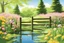 Placeholder: amazing sunny spring day, trees, flowers, fence, little pond