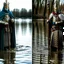 Placeholder: The prince of the high tide and the prince of the low tide in the river wearing medieval battle clothes, the image is divided into half a river at high tide and half a river at low tide