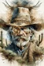 Placeholder: The old Cowboy of the Desert, double exposure cowboy face formed by a old weatheredmud hut with cactus and tumbleweeds around it, watercolor by Jean-Baptiste Monge and Yossi Kotler, Modifiers: sharp focus extremely detailed intricate oil on canvas portrait hyperrealistic high definition crisp quality