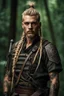 Placeholder: photorealistic hyperdetailed portait of 20-year-old german male, as mercenary with long blonde braided and undercut hair, tribal tattoos and goatee beard wearing modern mercenary uniform dark fantasy forest backdrop