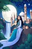 Placeholder: A beautiful Arab girl. Decorated silk fabric. And riding on the back of a dragon Strong ornate. Starry sky. Trees and waterfalls. And ornate mosques. And future Islamic buildings