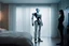 Placeholder: [replicant] a woman stands before a sleek, humanoid robot in her bedroom. She gazes at the soft and warm machine with a mixture of curiosity and longing, her heart pounding in anticipation of what is to come.With a hesitant but determined step, she reaches out and touches the robot's cold, smooth surface.