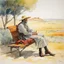 Placeholder: Don Quixote sitting on a bench, aquarelle by Moebius