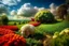 Placeholder: lifelike photography, vegetable and fruit landscape, broccoli forest, chive field, cauliflower sheep, orange sun, whipped milk clouds, raspberry flowers, cheese barn and haystack in sunshine, surrealistic