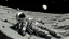 Placeholder: Lone astronaut lying listlessly on a lunar crater, absentmindedly playing with space dust, Earth satellite shining monotonously on the black horizon, spacesuit decorated with doodles of boredom, dramatically exaggerated pose of cosmic ennui, space station flickering faintly in the distance, surreal space comedy style