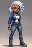 Placeholder: create an comic book art illustration of a chibi cartoon voluptuous black female wearing a blue jean outfit with biker boots. Prominent make up with hazel eyes. Extremely highly detail of a very low platinum blonde pixie haircut. Background of a bike show.