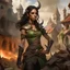 Placeholder: a beautiful tiefling women with dark hair in a sleeveless battle outfit, amidst the ruins of a medieval town destroyed by war