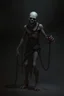 Placeholder: Full-body 2D Character Design: A haunting scene unfolds: The Chained Torment stands amidst a dark, chains encasing its twisted body like a living, breathing prison. The amalgam human faces mask, now a grotesque extension of its flesh, conceals a face contorted in anguish. Tears of pain stream from small holes, while each movement seems to amplify the agony, as if its very existence is a cruel infliction upon those nearby, dinamic pose horror