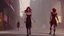 Placeholder: shoulder-length red-haired woman walking along a street full of shops, with a transluscent woman following her