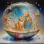 Placeholder: joy cats and harmony bird dreamscape in a tranculent glass bowl placed in a fontaine with smooth swirling water, many bright colorful details, golden lines, Sprinkle alcohol ink effects, Salvador Dali collaboration, flowing composition, pearls en beads, swirling effect