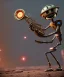 Placeholder: happy mechanoid person playing jazz with a steampunk theme, realistic