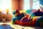 Placeholder: Giant knitted lifelike colorful cat sitting on a sofa in a modern room in sunshine