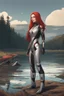 Placeholder: Wide-angle, full body and headshot of a skinny young woman, with long straight red hair, dressed in a robotic-looking catsuit, standing next to a lake with a crashed spaceship.