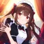 Placeholder: Clear focus, High resolution, Rough line, cute, anime style, red eyes, sparkling eyes, brown hair, red eyes, wearing a maid outfit, long twin tails, long bangs,choppy long bangs