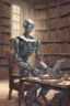 Placeholder: A huge library is serviced by computers, and there are many books on the shelves. The robot is sitting on a chair at the table and holding an antique book in his hands. Expression. High-quality drawing, 8K