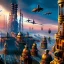 Placeholder: fullbody Drawing of 'sketch of steampunk cities as in the movie mortal engines(2018)',intricate detail,andrea bonelli,Kilian Eng,Ohrai,evan lee,Aleksandr Sidelnikov,KyuYong Eom,three quarters frontal aerial view,toned colors,32k