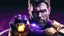 Placeholder: A sporty looking man with With a serious his face while holding Thanos' gantlet K's infinity gauntlet has six infinity stones