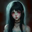 Placeholder: a pretty girl, 14 years old, black hair, vampire, red eyes, realism, stylised, fantasy, mystery