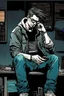 Placeholder: man, cyberpunk, holding a cellphone, comic book art style, geek, engineer, t-shirt, jeans, drug addict, hoodie