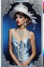 Placeholder: full body beautiful girl, elegant silver,lace clothes of the 80s, luxury style, small elegant hat with feather, hair of the 80s, pearl necklace, earrings masterful, beautiful face,blue backdrop