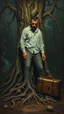 Placeholder: Bosch painting style nightmare, a man with tree roots legs planted in the ground , beside him an old travelers suitcase , dramatic sad scene, fantasy, scary.