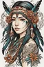 Placeholder: tattoo design, cartoon colored, native american girl, flower style anime, delicated, background white