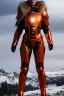 Placeholder: full body portrait of a beautiful girl, wearing glowing orange armor, futuristic armor, relaxed standing posture, nice smile, snowy mountain background, snow, fur cloak, full body, short armor, beautiful lighting, warm light, 4k, unreal engine 5