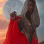 Placeholder: dungeons and dragons, monk, black, african, portrait, face, close up, cloak, clothes, cape, brown fabric, sunset, red sun, single person, red sky, hood, only face