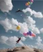 Placeholder: Ultra realistic speed clouds sky scene, wide angle view, strong men falling down with many Childs background, circus clothing style, feather color clothing, free jumping flying, many trinkets, hair monster, many jelly beans, balls, color smoke, smile, happy, extreme, wind, clouds sea, 20,000 feet altitude, stratosphere, soft color, highly detailed, unreal engine 5, ray tracing, RTX, lumen lighting, ultra detail, volumetric lighting, 3d, finely drawn, high definition, high resolution.