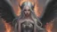 Placeholder: Angel of destruction with two big black wings, girl, gray hair, sad look, ancient greec clothing, fire