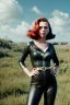 Placeholder: retro portrait image from 1960, sky background, wind, long red hair, fighting stance, sweet young Scarlett Johansson, black dress, classic tight lycra black suit, weapon, gold bracelet and belt, high heel boots, soft color, highly detailed, unreal engine 5, ray tracing, RTX, lumen lighting, ultra detail, volumetric lighting, 3d, finely drawn, high definition, high resolution.