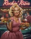 Placeholder: A hyper-realistic digital painting in an ultra-wide 2.39:1 cinematic aspect ratio depicts "Rockin’ Bites Drive-In" during golden hour, showcasing Marilyn Monroe as the central figure. She is a radiant blonde with perfect platinum curls and vibrant red lipstick, clad in a crisp pink waitress uniform and a frilly apron, gracefully balancing a tray loaded with classic burgers and creamy milkshakes. Elvis Presley, in a pristine diner cook outfit, stands confidently behind the grill, flipping burgers