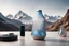 Placeholder: A futuristic bottlewith interwoven components that allow for wirelessly controlled temperature settings, featuring clean lines and modern design. Set the scene alongside a smartphone for reference. Put a mountain landscape in the background