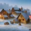 Placeholder: quaint fantasy medieval farming village in frost night with wooden buildings grasslands plains