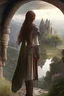 Placeholder: elven girl with brown hair, she wears fantasy medieval clothes, she is slim, full body with boots, view from the back, looking at a landscape through a stone arch