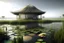 Placeholder: futuristic Iranian beach house with vernacular architecture, in the marsh, Water lily on water surface, wooden structure, sloped roof, wealth of flora, with dancing performance, fog and rain, light ray