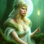 Placeholder: romantic fantasy spray painting, portrait of very cute hooded green eyed blonde robed bard with halo sitting on huge stone, bubbles, tossing torch in magical forest, foliage frame, magic wand